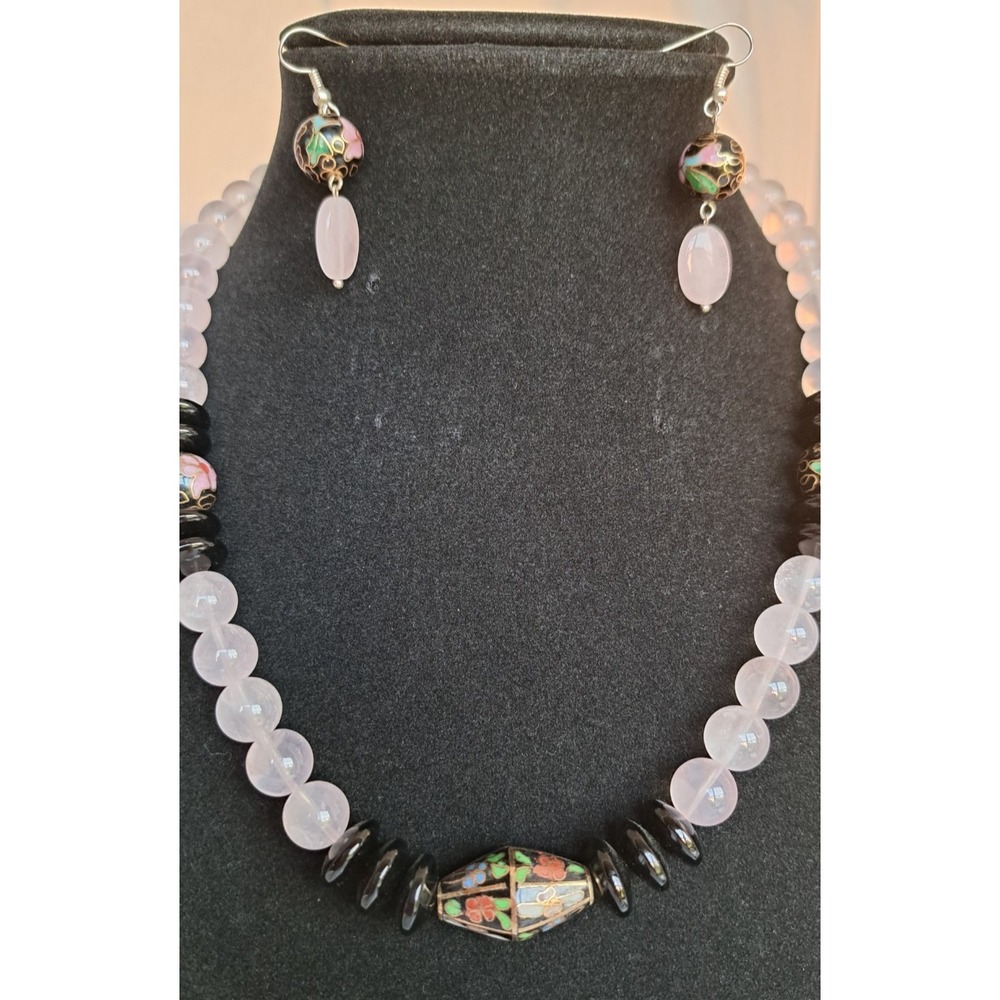 Fashion‎ Jewelry Gemstone Beaded Set Necklace Earrings Rose Quartz Cloisonne